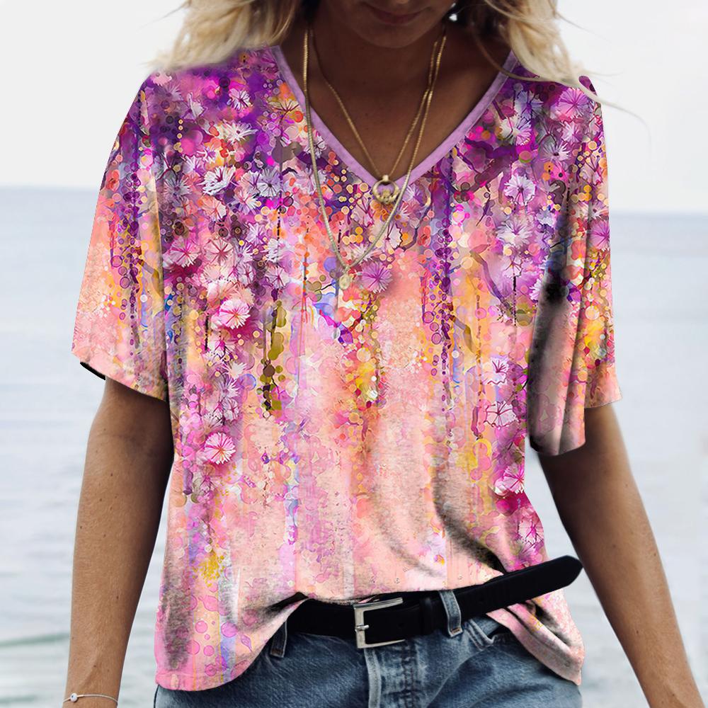 V-neck Women's Short Sleeve Summer Outdoor Casual T-shirt Tops Flower Printed Patterns Fashion