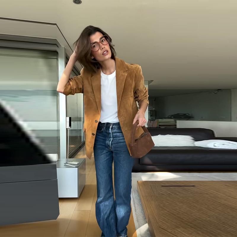 Dámská semišová bunda s klopovým límcem, jednoradové zapínání, khaki, s dlouhým rukávem, sako, módní na dojíždění, větruodolná, teplá bunda, podzim 2025