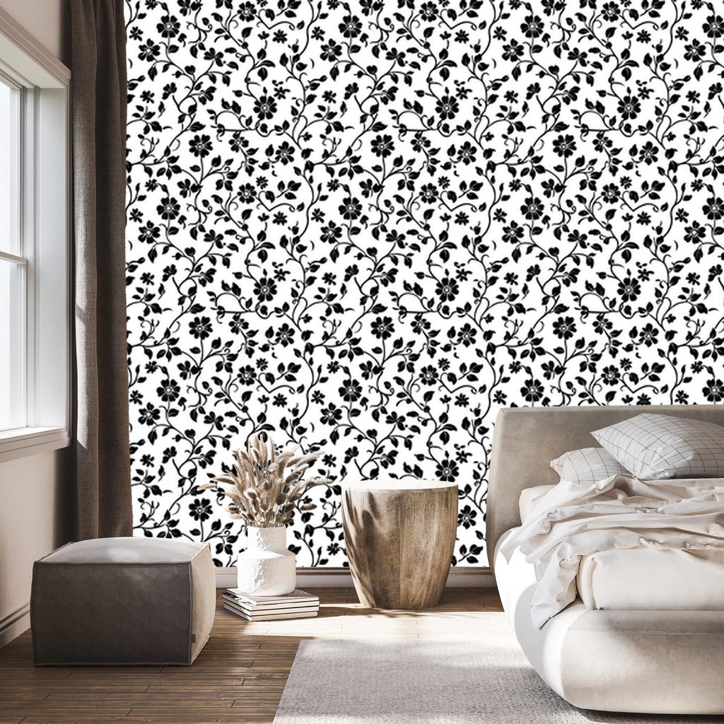 Wallpaper Black and White Flowers White and Gray for Living Room and Bedroom 50x1000