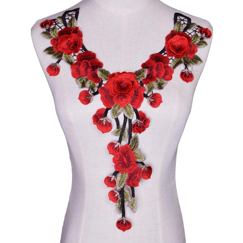 1 buc Floare Brodată Trandafir Roșu Ciucure Guler Flora Frunză Aplicații Rochie Cusut Patch Decorațiune Rochie de Mireasă