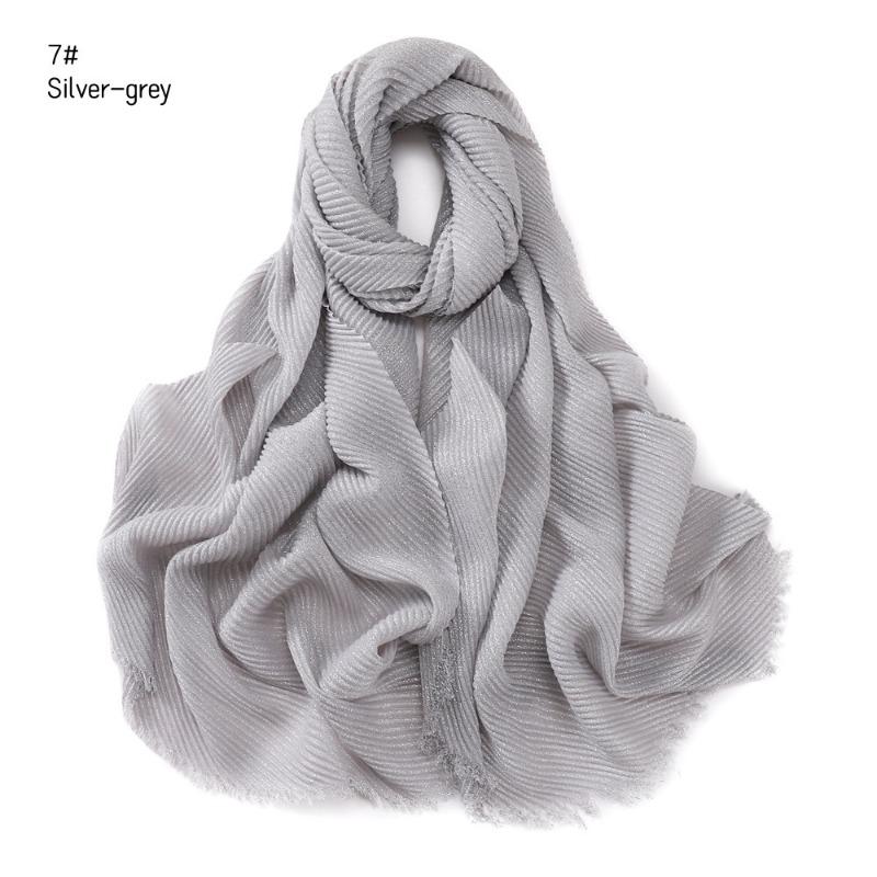 Spring New Solid Color Silver Silk Wrinkled Polyester Scarf Women's, Monochrome Two-ended Short Beard Headscarf Shawl