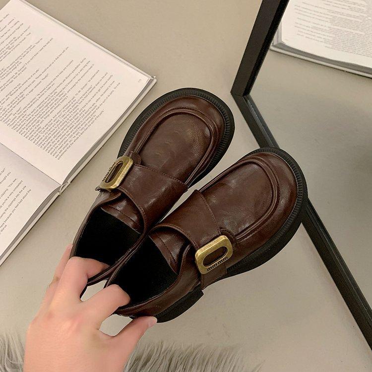 

Ankola red small leather shoes women s 2025 new autumn and winter retro British style black versatile commuter soft-soled loafers 40