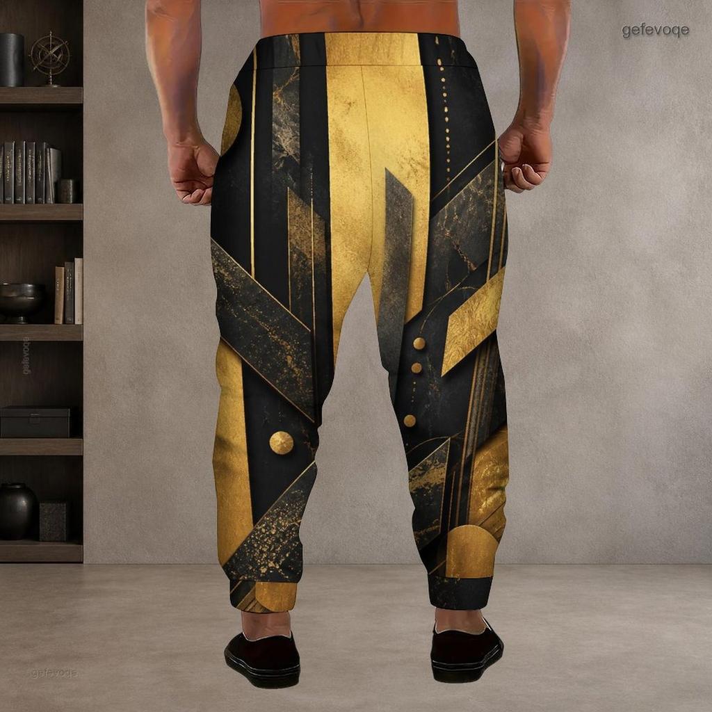 Men S Plus Size Geometric Printed Jogger Pants Black Gold Silver Drawstring Waist Side Pockets Cuffed Ankle