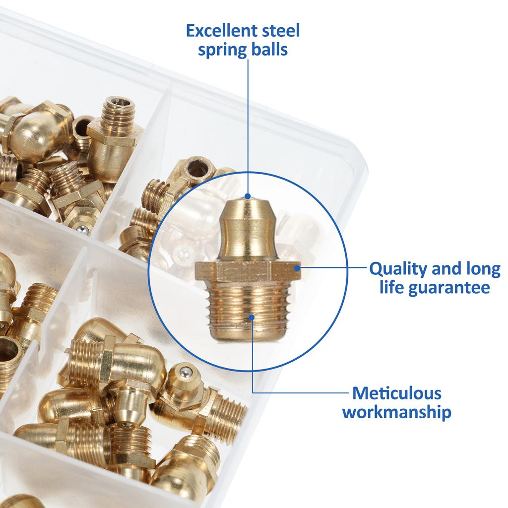 Straight and 90 Degree and 45 Degree Copper Zerk Grease Nipple Fittings Assortment Kit Metric M6 M8 M10   165Pcs
