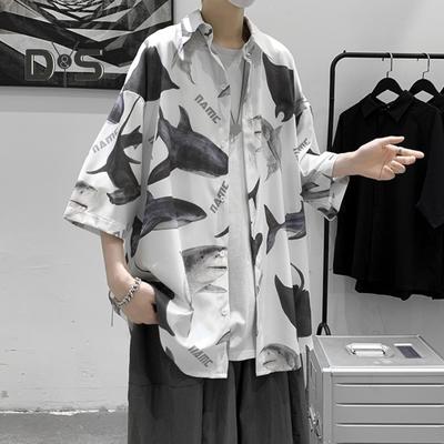 Chemise d'été à manches courtes pour hommes, imprimé requin, simple boutonnage, boutons, cardigan ample, col rabattu fin, streetwear, mi-long, vacances, plage