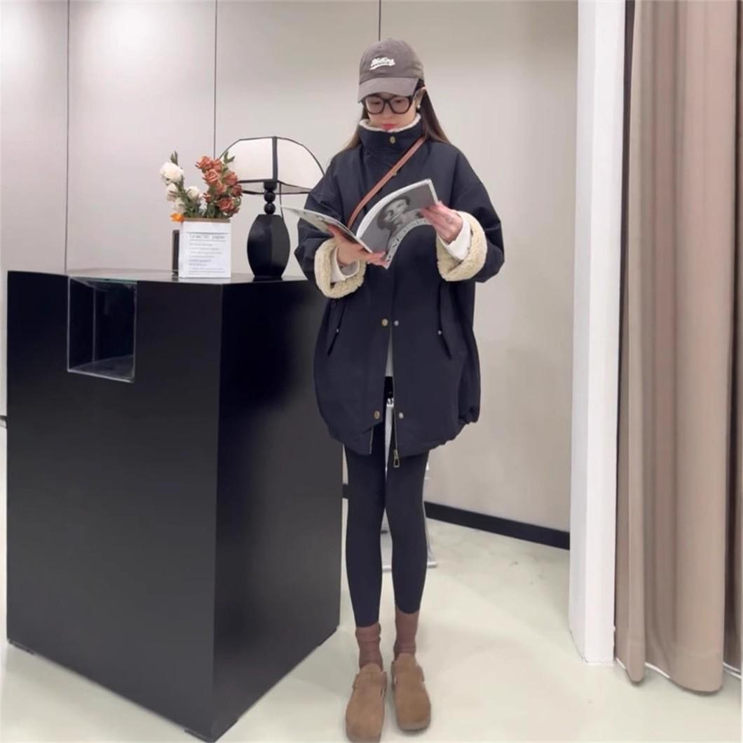 

Stand-up collar velvet thickened lamb wool cotton clothes women s 2025 autumn and winter casual small pie overcome coat M чёрный