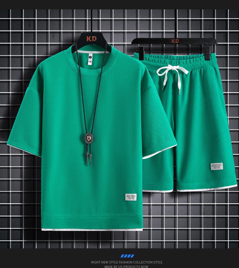 Men's Summer Waffle Short-Sleeve Sports Shirt and Shorts Two-Piece Set