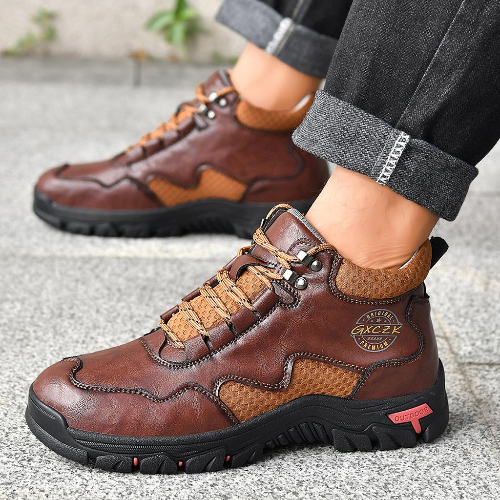 Men's High-Top Round-Toe Fashion Boots Lace-Up Outdoor Hiking Shoes Spring/Fall Thick-Sole Casual Oversized Men's Shoes