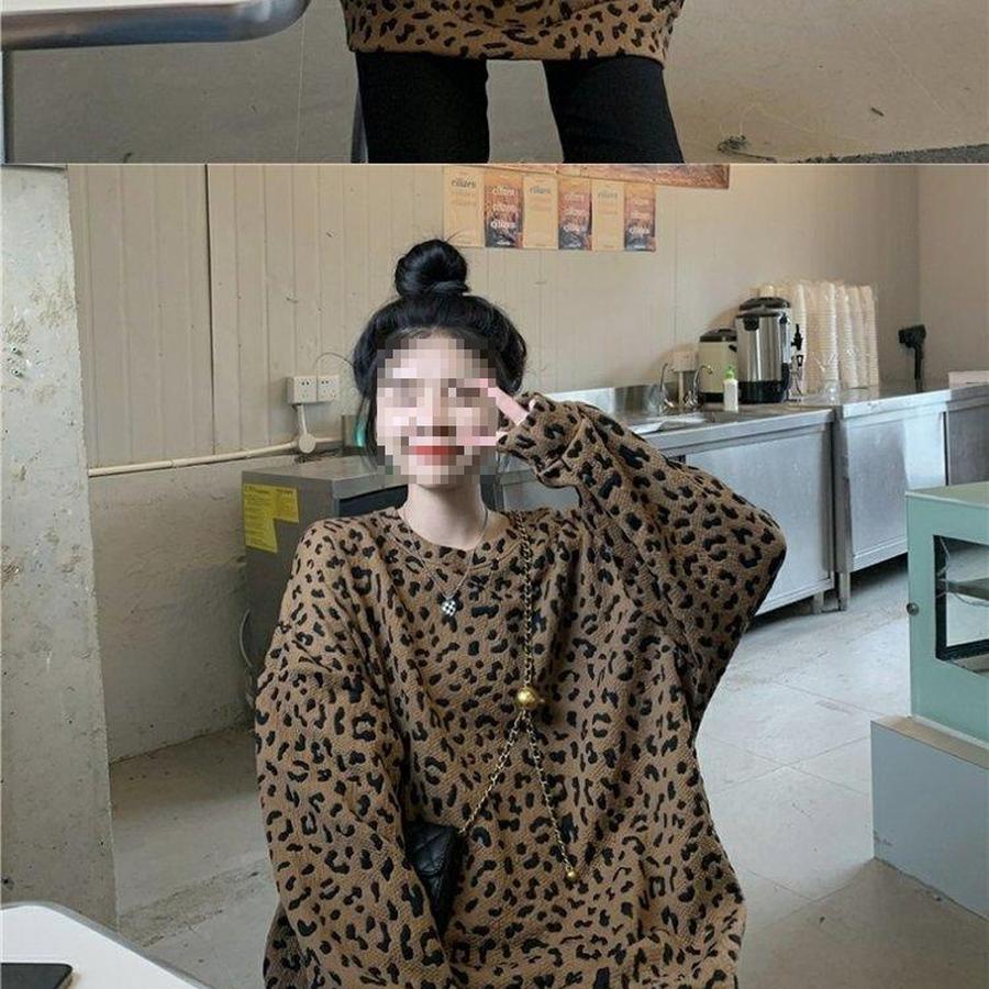 Leopardmönstrad Rundhalsad Fleecetröja för Kvinnor Vår/Höst 300lbs Design Mode Lös Vardaglig Långärmad Topp