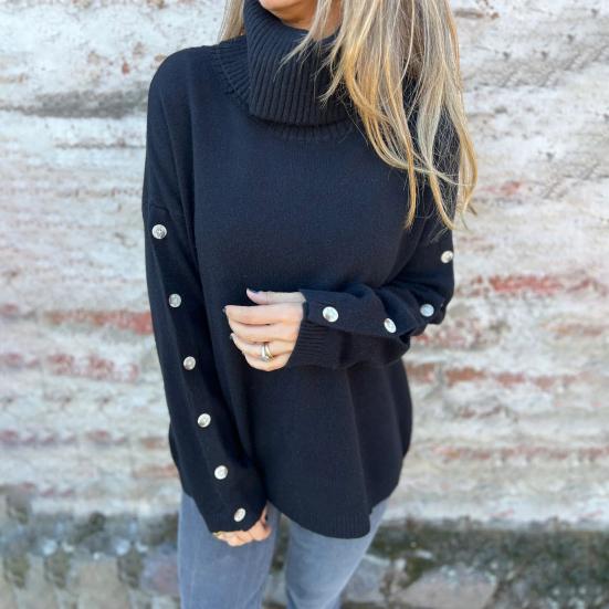 Dame Genser Rullekrave Langermet Ribbestrikket Kant Strikketopper Ensfarget Løs Fald Knapper Dekor Strikkeplagg