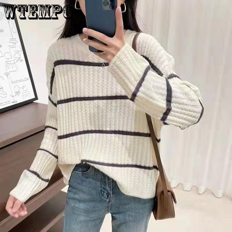 Spring and Autumn Women's Striped Sweater Top Knitted Sweater Round Neck Women's Clothing
