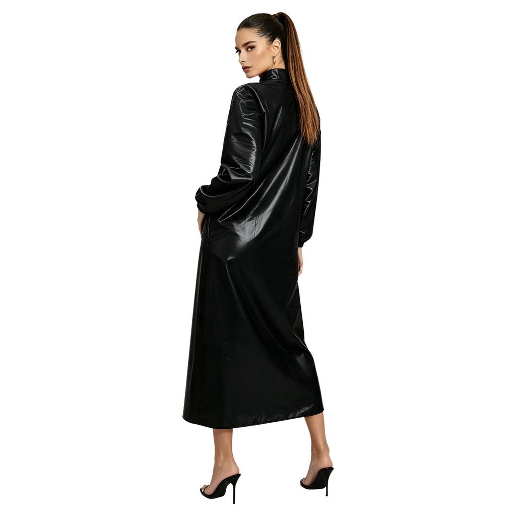 Knopfleiste Stehkragen Langarm Vinyl Überwurf Kleid Wasserdicht Nachtwäsche Badebekleidung Clubwear für Damen Rave Party