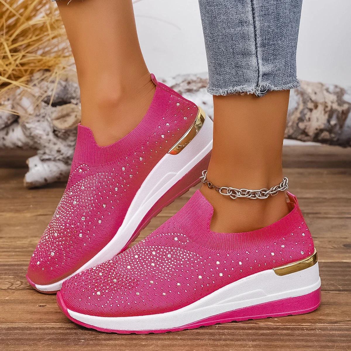 

Fashion New Women Wedges Platform Sneakers Round Toe Casual Sneakers Fashion Slip-on Non Slip Mesh Shoes Bling Women Plus Size 36 43 36