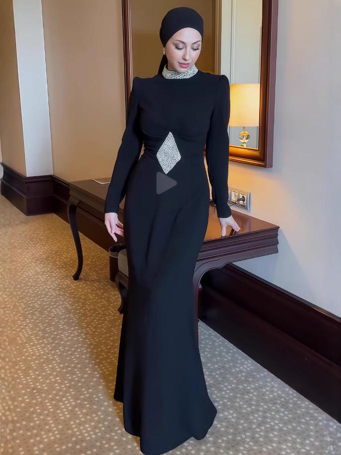 2025 Autumn High Neck Waist-Gathering Printed Evening Dress