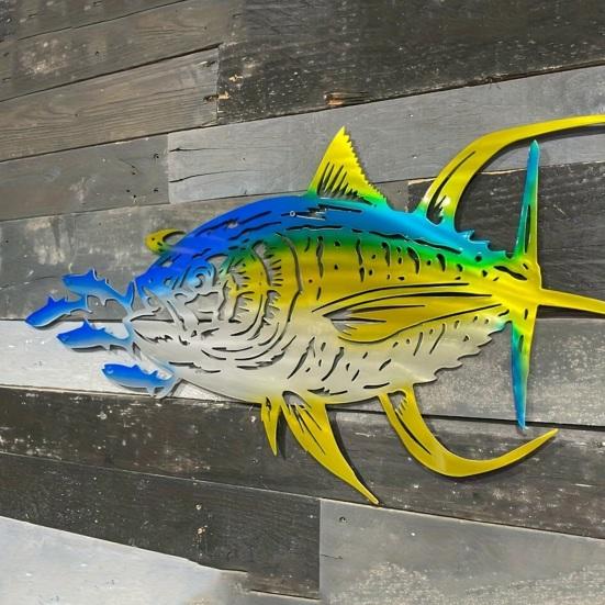Metal Tuna Fish Wall Art Ocean Theme Wall Hanging Sculpture Blue Fish Cutout Wall Sign for Coastal Home Office Patio Indoor Outdoor Decor