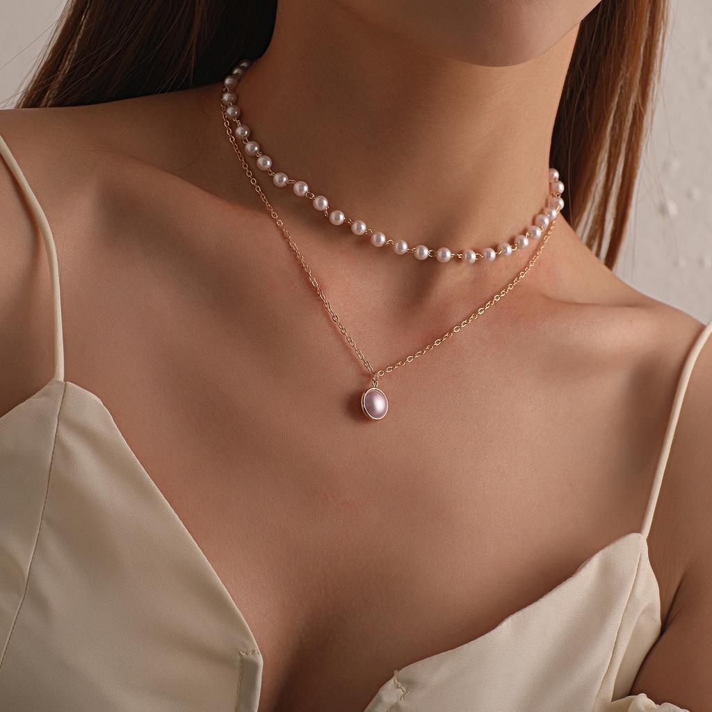 Europe, America, fashion edge lock pearl pendant multi-layer necklace women, temperament popular personality new item jewelry