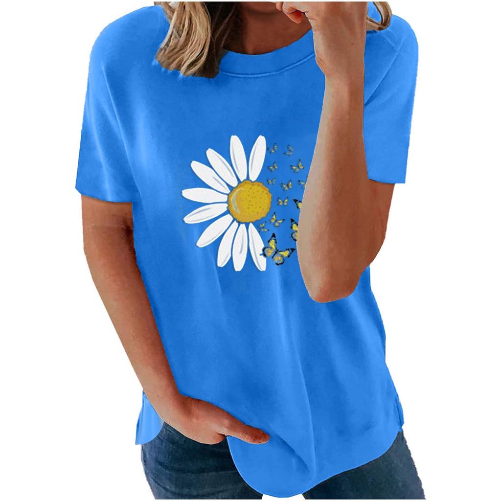 Adult Fashion Woman Round Neck Short Sleeve Tops T-Shirt Prints Loose Short