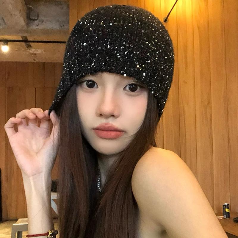 Korean Designer Y2K Shiny Cold Cool Street Sequined Knit Hat Spring Summer Girl Glitter Fashion Knitted Bag Head Beanie Hat