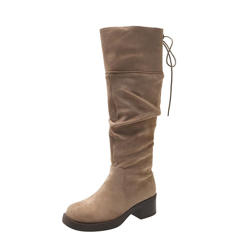 Knee High Boots Women's Fashion Round Toe Suede Sleeve Soft Sole Anti-slip Wear-resistant Block Heel Shoes