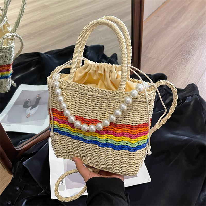 Rainbow Striped Woven Bag Women's New Seaside Vacation Bag Portable Shoulder Bag Versatile Messenger Bag