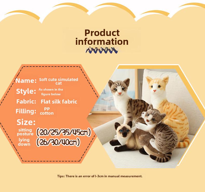 Siamese Cat Plush Toy - Lifelike Orange Tabby Doll - Sitting & Lying Positions