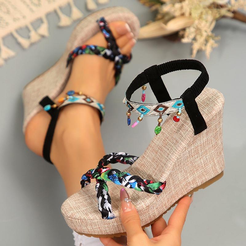 Damen Übergröße Farbblock Gewebte Keilsandalen Hohl Ausgeschnitten Offene Zehen Lässige Sommer Tägliche Schuhe