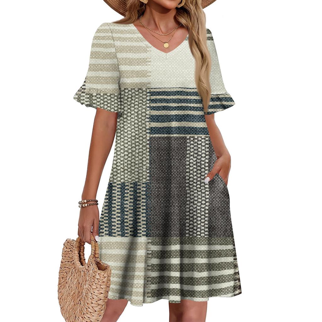 Women A Line Sun Dress Short Sleeve V Neck Printed Dress With Pockets