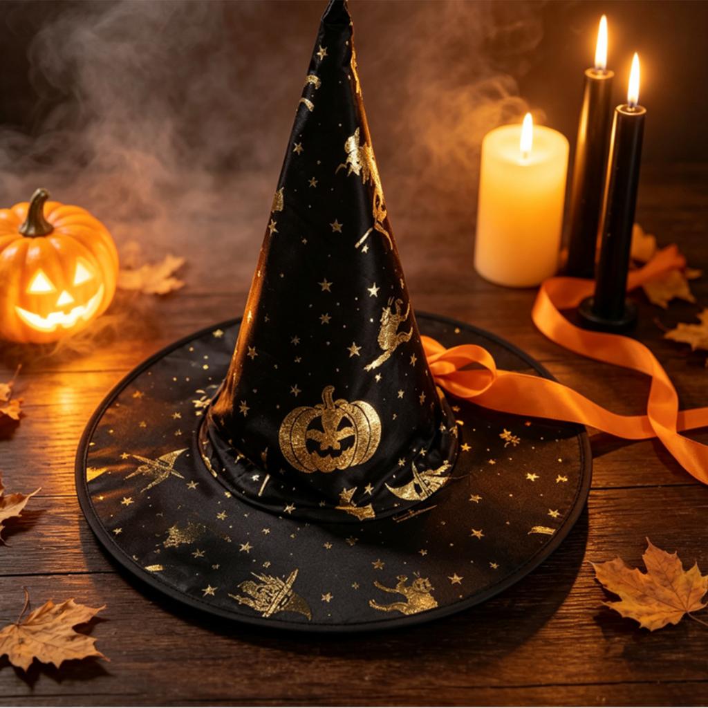 Adult Witch Hat with Gold Foil Pumpkin Design for Halloween Costume Party