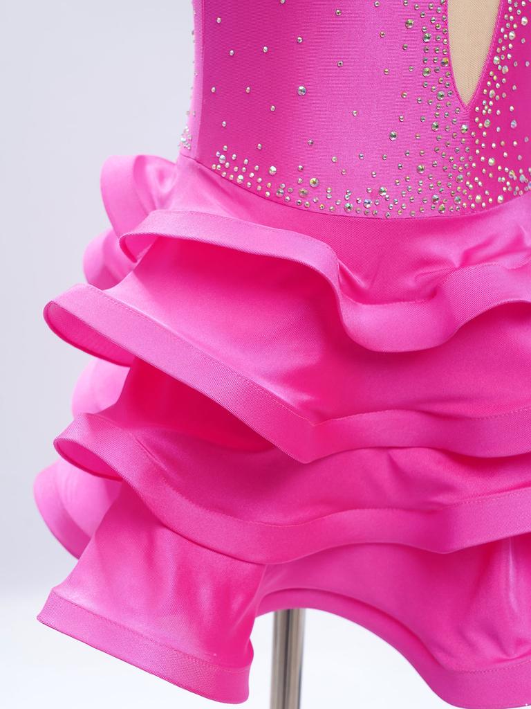 Girls Sparkly Rhinestone Latin Dance Dress Sleeveless Backless Design with Flowy Tiered Skirt for Competition