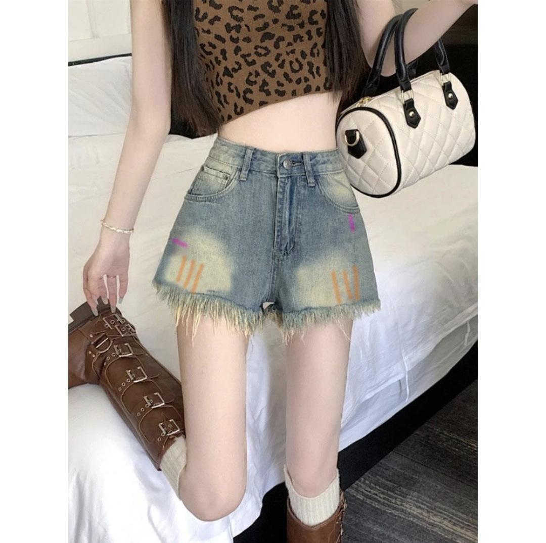 

2024 Women s High Waist Retro Denim Graffiti A-line Shorts Large синій