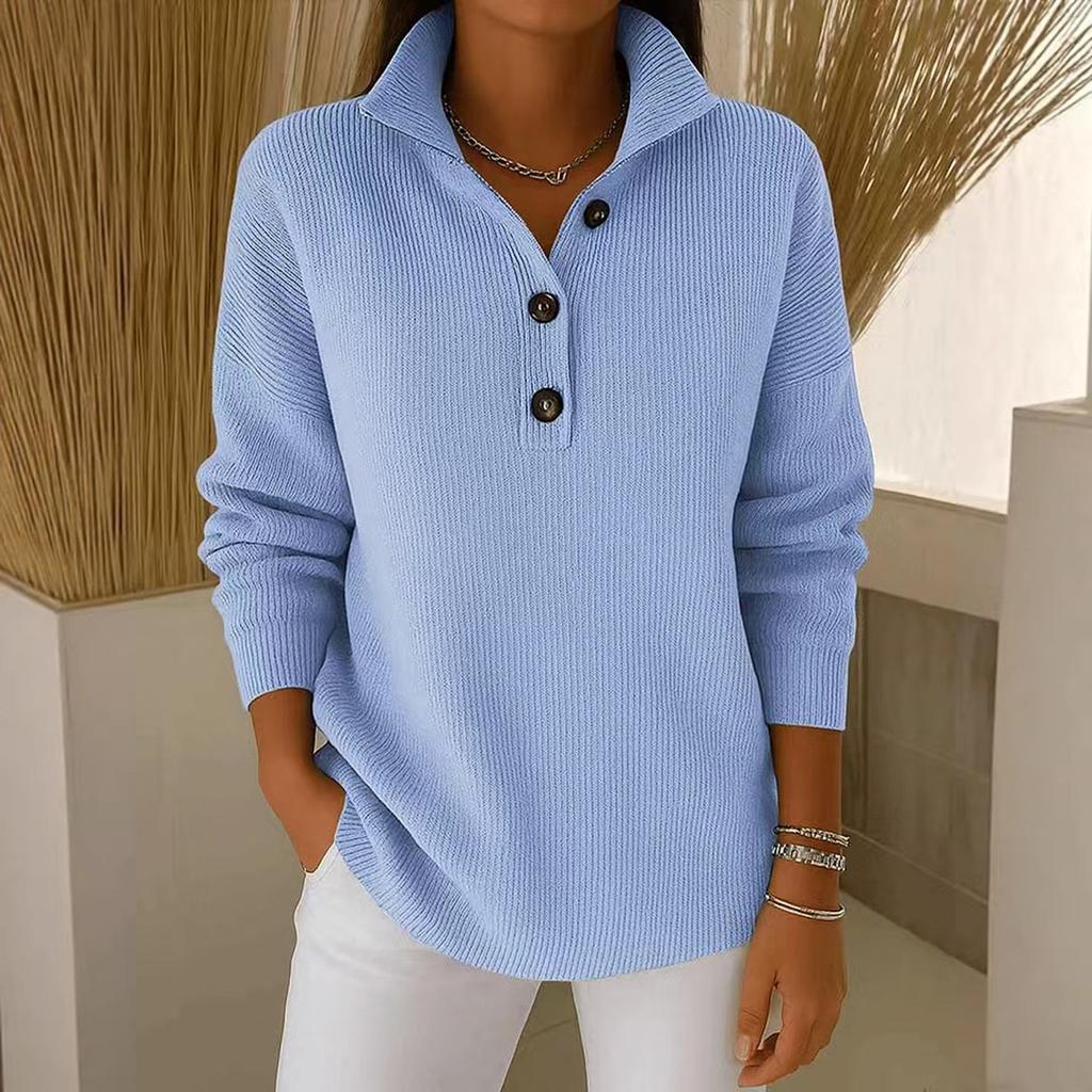 Women's Long Sleeve Pullover Sweater Button Front Knit Top with Collar Casual Lightweight Soft Fabric
