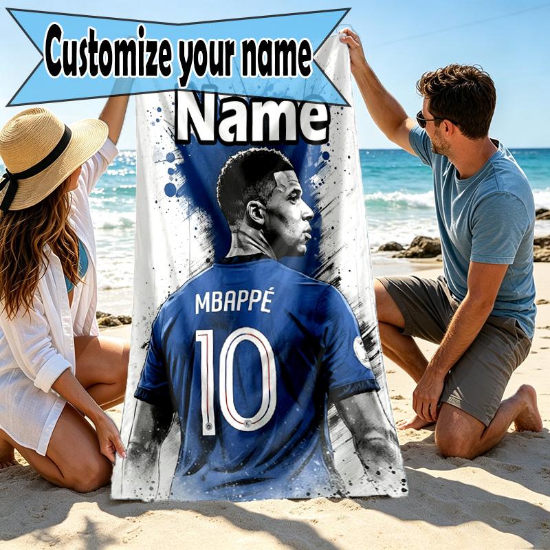 Personalisierbares Strandtuch mit Kylian Mbappe Aufdruck und individuellem Namen, für Reise Camping Strandparty Heimdekoration, Geburtstagsgeschenk für Familie & Freunde