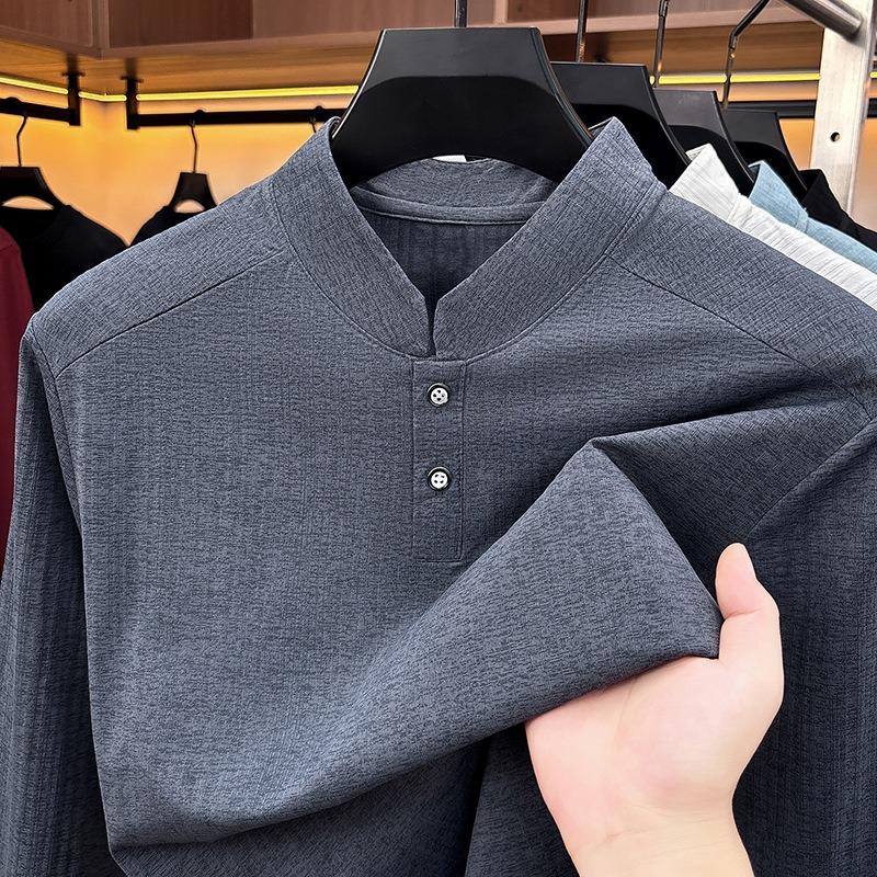 Men S Stand Collar Long Sleeve T Shirt Solid Color Casual Business Base Layer