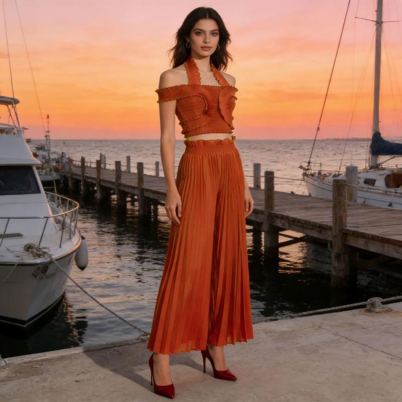 Fashionable Sexy Pleated Suit Women's Neck Ruffled Top With High-waisted Wide-leg Pants