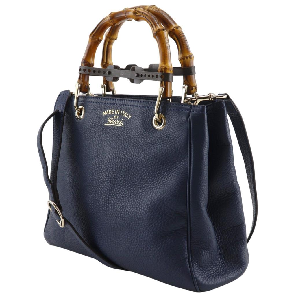 GUCCI Bamboo shopper small tote Handbag 336032 2WAYShoulder Navy blue Calfskin Women Used
