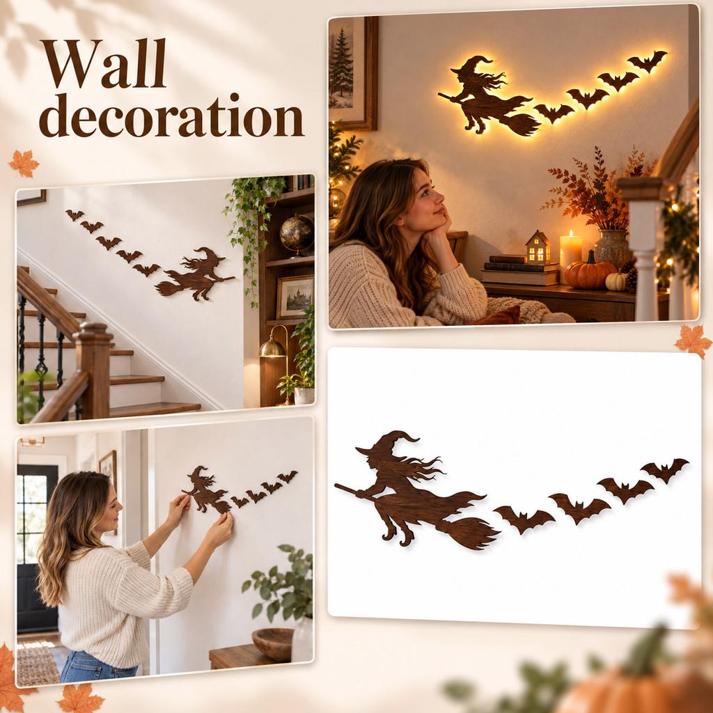 Halloween Glowing Wall Decor Set with Flying Witch and Bats, 5 for Holiday Decor