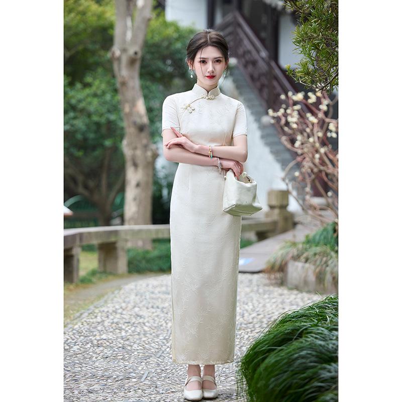 New Chinese cheongsam jacquard short-sleeved dress women's national style temperament long dress apricot waist hip skirt