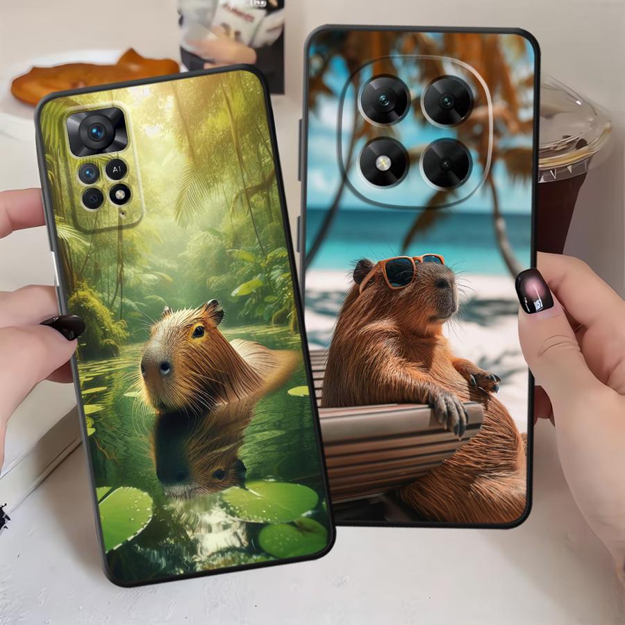 Case for Xiaomi Redmi Note 10S 13 14 Pro Plus 11s 9S 9 10 11 12 Pro 12s 7 8 Black Soft Phone Cover Cute Capybara