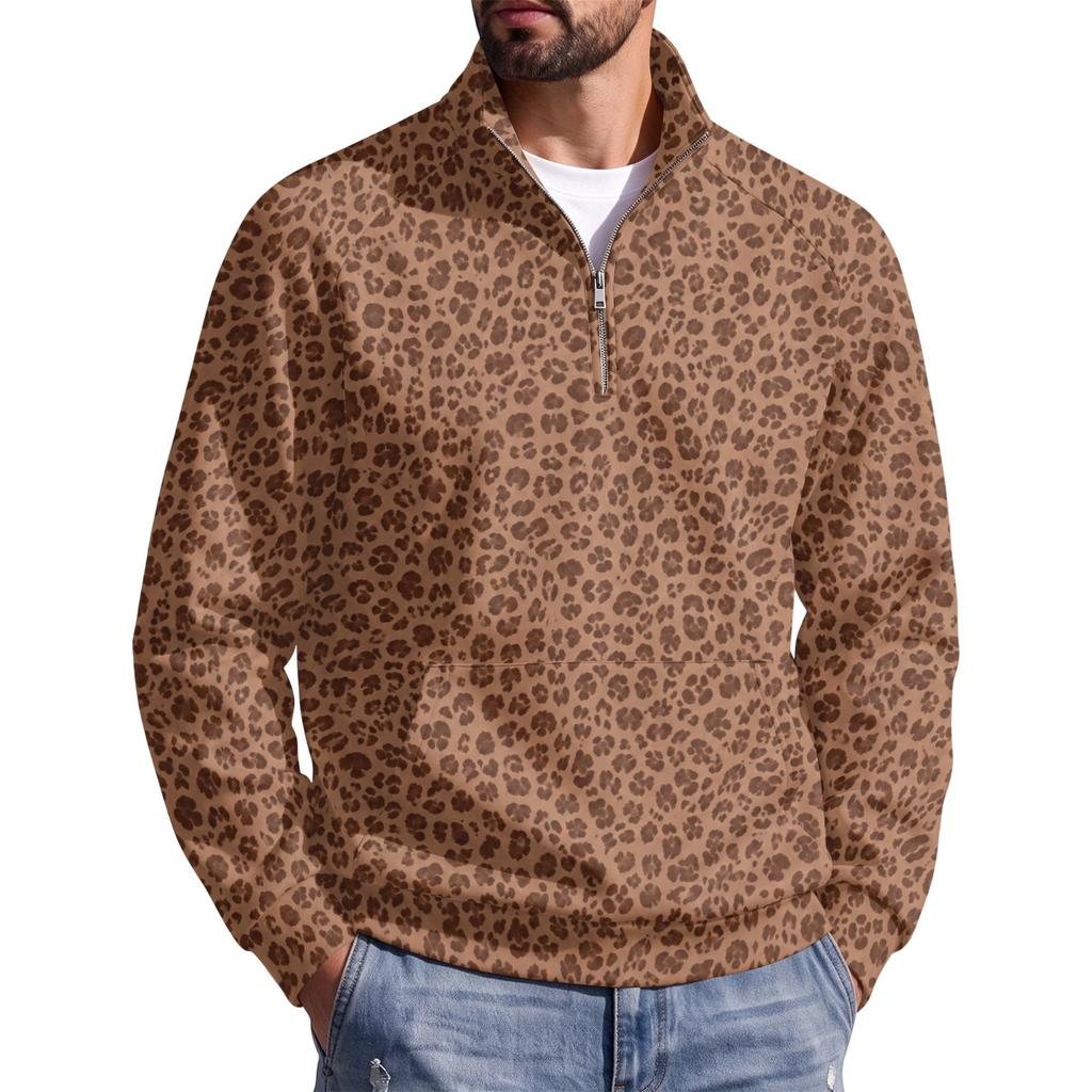 Herren Pullover mit Reißverschluss, Leopardenmuster, Stehkragen, Lässig, Knitterfrei, Sportliches Oberteil für Herbst Winter