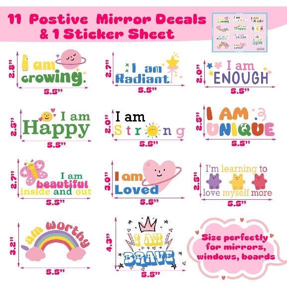 11 Positive Affirmation Mirror Stickers | Reble Static Decals with Motivational Quotes | Teen Girl Gift for Pirational Bathroom Mirror & Window Decor