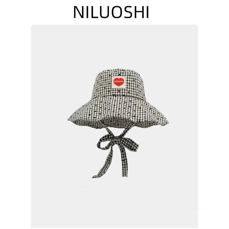 Sweet Love Plaid Bucket Hat Women's Spring Summer Foldable Large Brim Sunshade Sunscreen Washbasin Hat