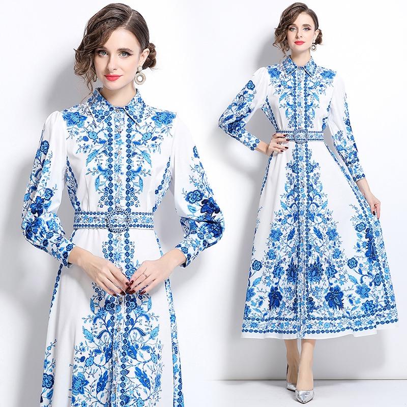 Frühling Herbst Damen Vintage Print Blau und Weiß Porzellan Laufsteg Kleider Langarm Einreiher Lang Maxi Party Hemdkleid