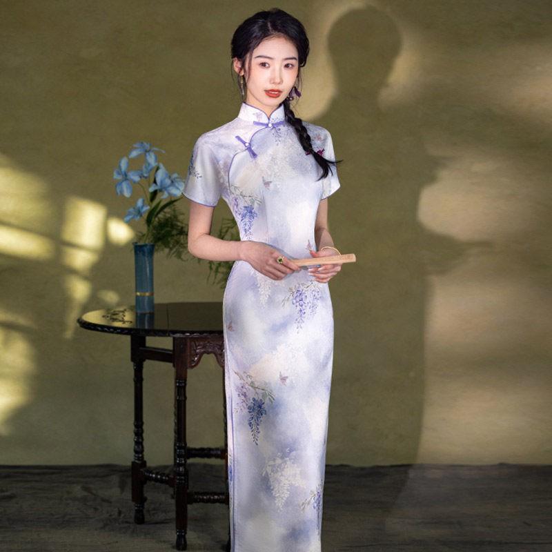 Purple Modern Chinese-Inspired Long Cheongsam Dress Women 2026 Stylish Retro Fit With Stand Collar