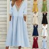 Dress, Loose Cotton and Linen Round-neck Five-button Mid-length Dress
