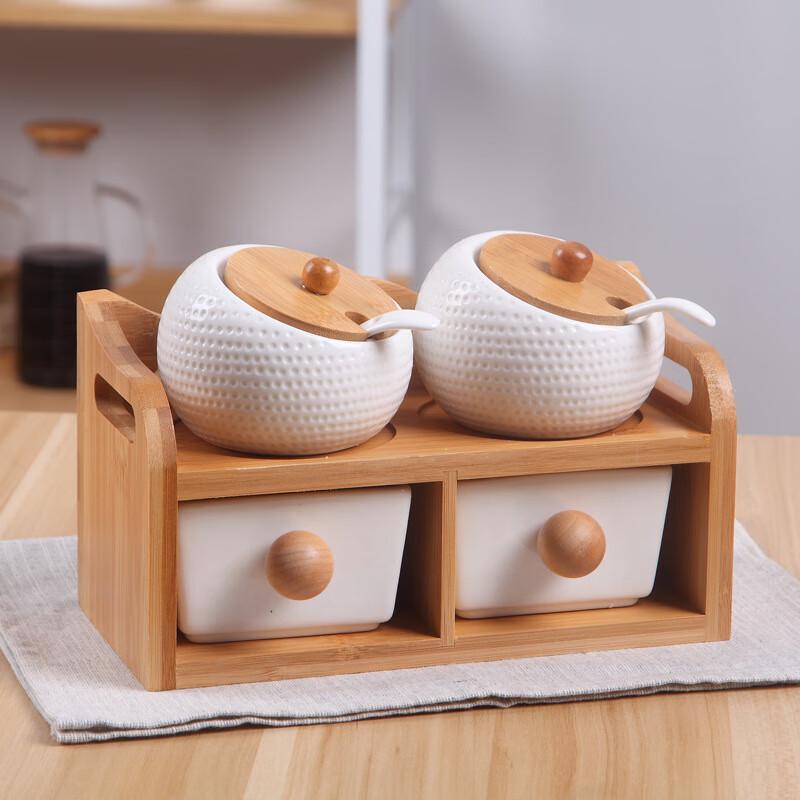 Nordic Ceramic 4-Drawer Spice Jar Set Bamboo Lid