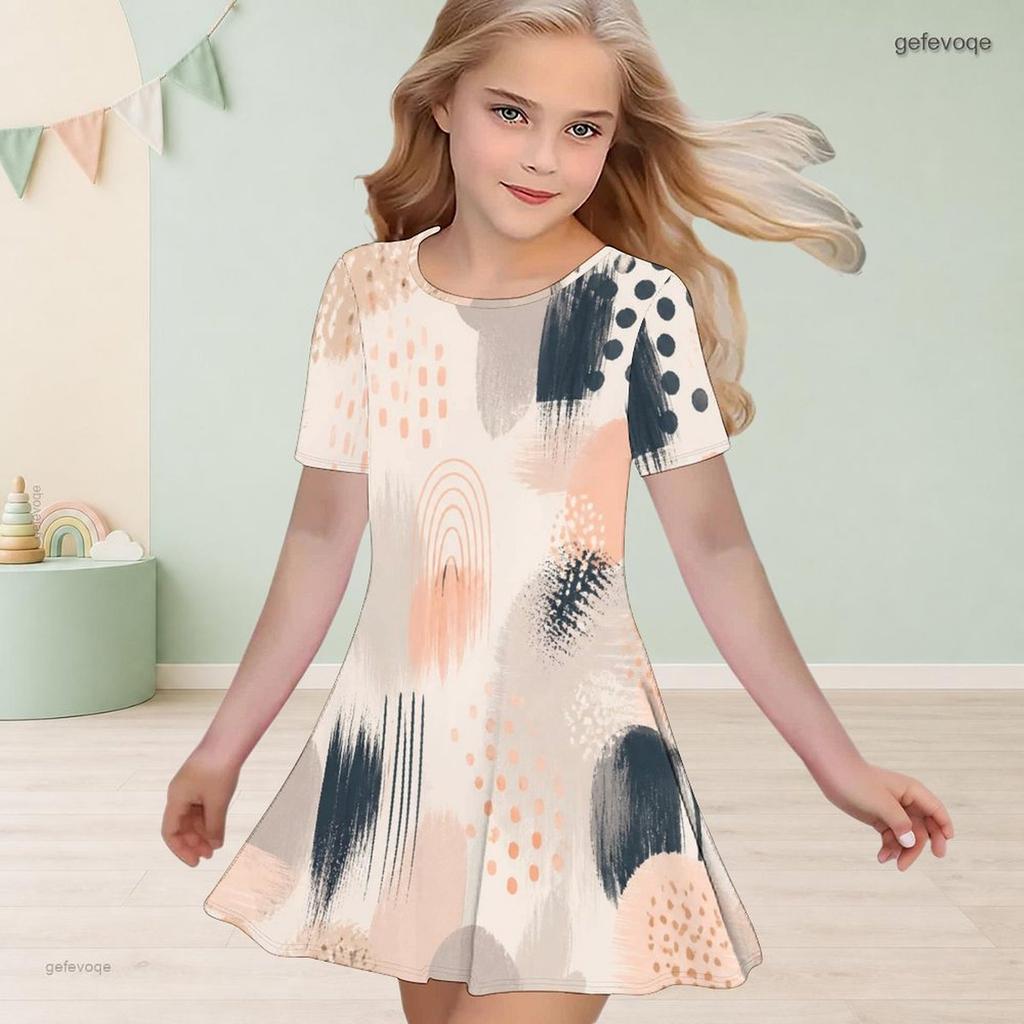 Little Girls Round Neck Short Sleeve Watercolor Printed A Line Flared Dress