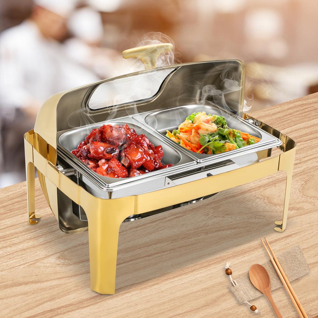 9L Gold Roll Top Chafing Dish W/ Viewing Window, 2x4.5L Stainless Steel Food Pans, Catering Buffet Warmer for Parties, Banquets