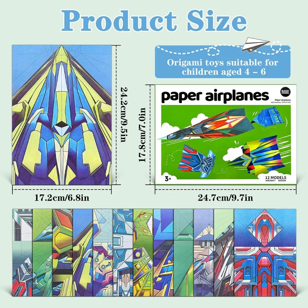 Kit per aeroplani di carta con 12 design classici, Carta origami colorata, Aeroplani da record mondiale, Aeroplani per studenti scolastici(Scava