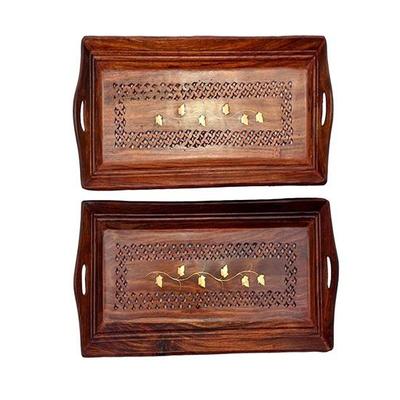 Wooden Serving Rectangular Tray With Hand Carved Design 27.94 Cm