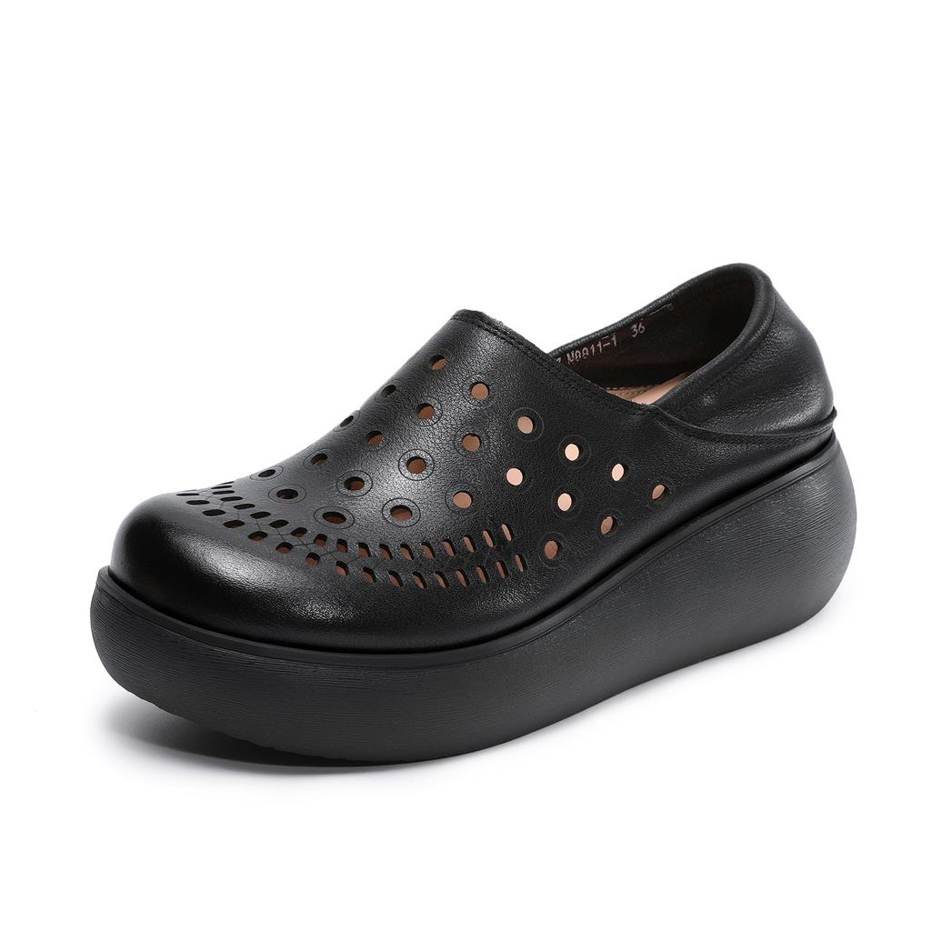 Johnature Echtes Leder Ausgeschnittene Keilsandalen mit dicker Sohle Bequeme und atmungsaktive Damen-Schlupfschuhe